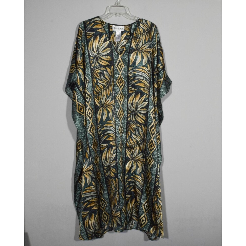 Winlar Kaftan Dark Teal Green Gold Black Geometric Leaves Muumuu One Size